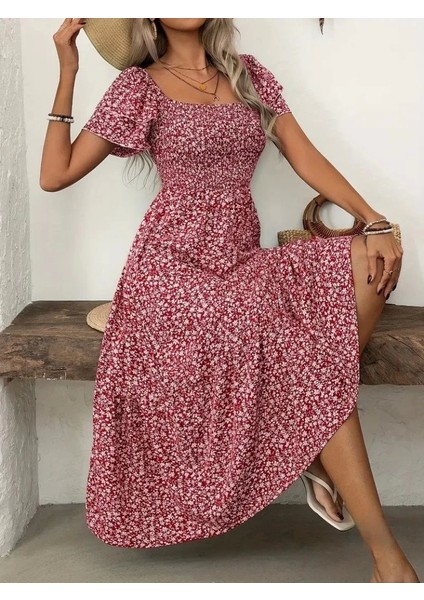 Kadın Kısa Kollu Gipe Detaylı Desenli Midi Süprem Elbise