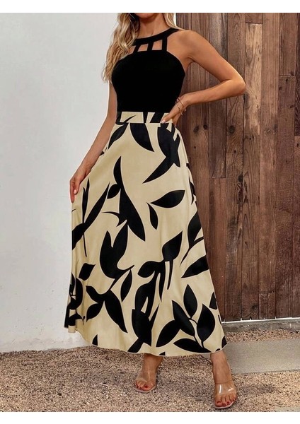 Kadın Sıfır Kollu Yakadan Şeritli Omuzlardan Açık Janjan Krep Desenli Al Dalgıç Maxi Elbise fiyatları