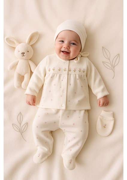 Kız Bebek Çiçek Desen Nakış Işlemeli Bahar Esintisi Model 10 'lü Yeni Doğan Hastane Çıkış Zıbın Seti