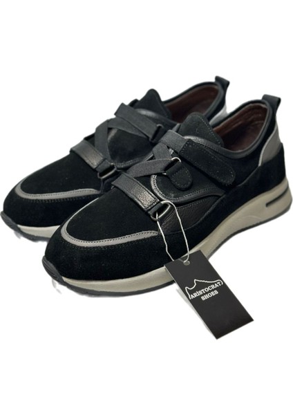 Gerçek Deri Siyah Cırtlı Lastikli Spor Ayakkabı Rahat Ortopedik Sneaker