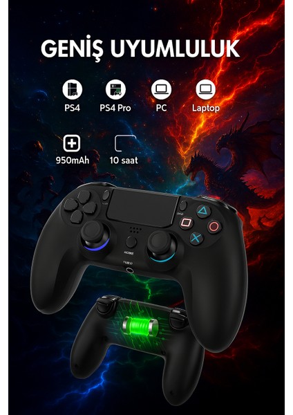 Kablosuz Rgb Gamepad – Titreşimli, Dokunmatik Panel, 6 Eksenli Sensör, 950 Mah Pil