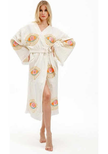 Naturel Ağaç Baskı Göz Desenli Kimono Kaftan