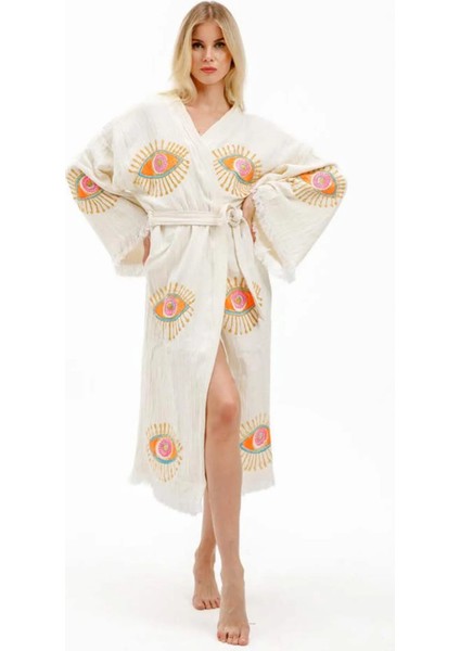 Naturel Ağaç Baskı Göz Desenli Kimono Kaftan