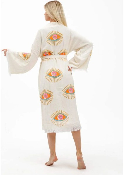 Naturel Ağaç Baskı Göz Desenli Kimono Kaftan fiyatları