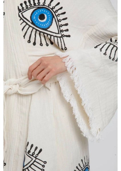 Naturel Ağaç Baskı Göz Desenli Kimono Kaftan fiyatları