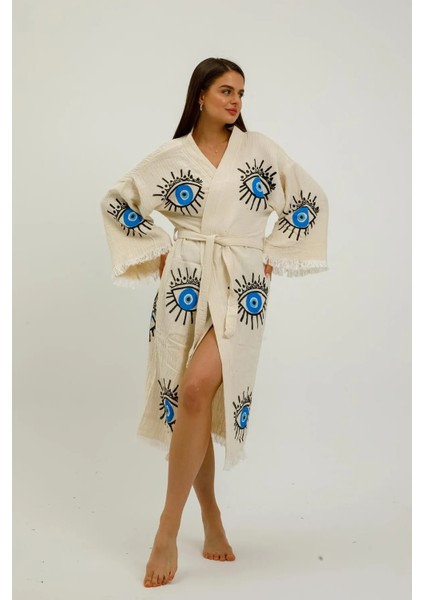 Naturel Ağaç Baskı Göz Desenli Kimono Kaftan