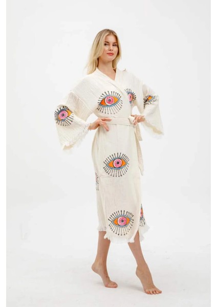 Naturel Ağaç Baskı Göz Desenli Kimono Kaftan