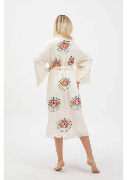 Naturel Ağaç Baskı Göz Desenli Kimono Kaftan fiyatları