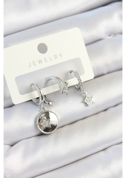 Pirinç Zirkon Taşlı Sallantılı Yıldız Model Gümüş Renk 3'lü Çift Kadın Küpe Set