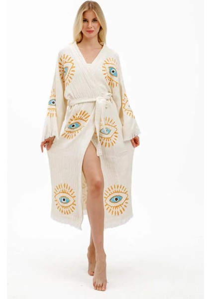 Naturel Ağaç Baskı Göz Desenli Kimono Kaftan