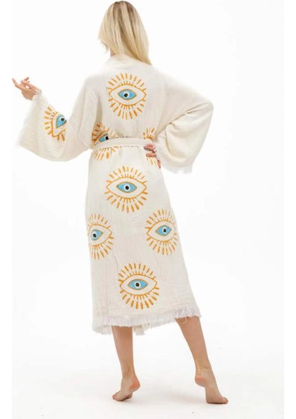 Naturel Ağaç Baskı Göz Desenli Kimono Kaftan fiyatları