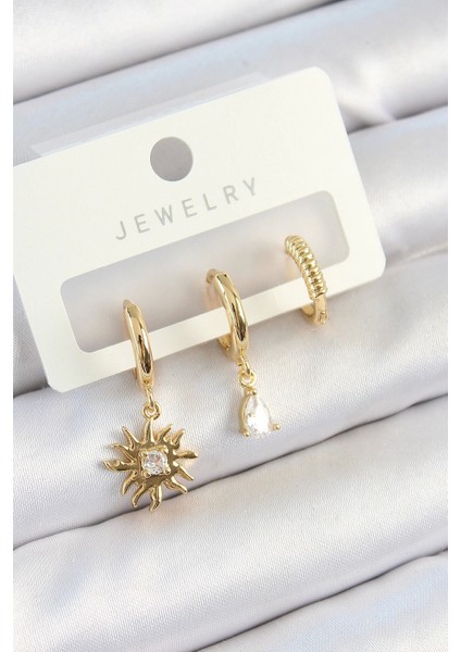 Pirinç Zirkon Taşlı Güneş Model Gold Renk 3'lü Çift Kadın Küpe Set