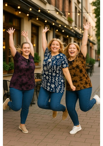 Kadın Büyük Beden Bebe Yaka Bağcık Detaylı Batik Desen Bluz