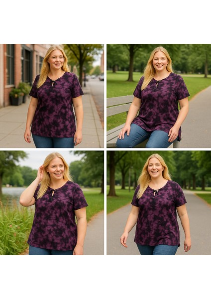 Kadın Büyük Beden Bebe Yaka Bağcık Detaylı Batik Desen Bluz