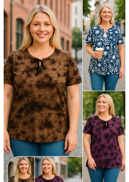 Kadın Büyük Beden Bebe Yaka Bağcık Detaylı Batik Desen Bluz