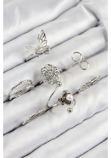 Pirinç Gül Kelebek Model Gümüş Renk Kadın Yüzük Kombin Set - Lisinya