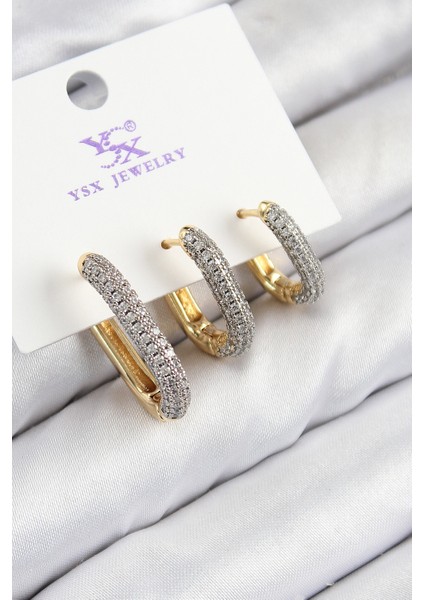 Pirinç Zirkon Taşlı 3'lü Oval Dikdörtgen Model Gold ve Gümüş Renk Kadın Küpe - Lisinya