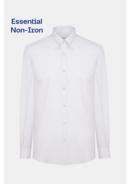 Erkek Beyaz Cooper Fit Non-Iron Düğmeli Yaka Spor Gömlek