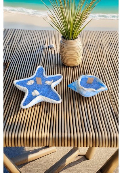 Mavi Renk Inci Tozu Dekoratif Beton Tozu Deniz ve Kabuğu Seti Ahşap Fitil Mum