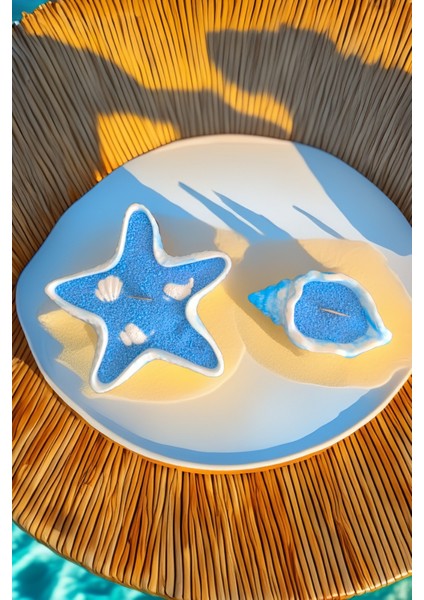 Mavi Renk Inci Tozu Dekoratif Beton Tozu Deniz ve Kabuğu Seti Ahşap Fitil Mum modelleri