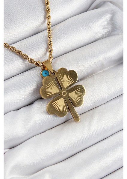 316L Çelik Burgu Zincirli Nazar Detaylı Yonca Model Gold Renk Kadın Kolye