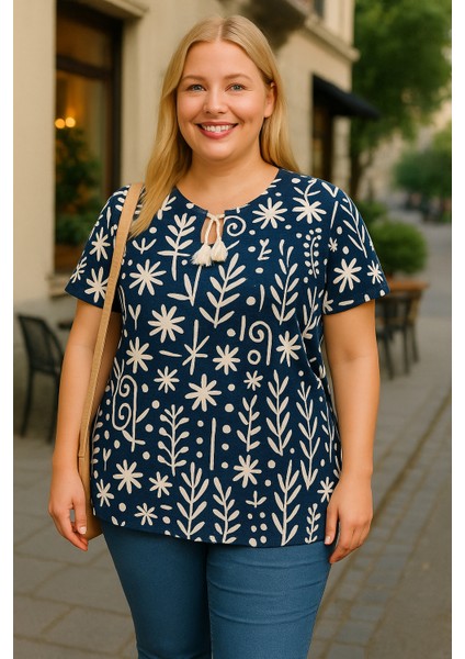 Kadın Büyük Beden Bebe Yaka Bağcık Detaylı Batik Desen Bluz
