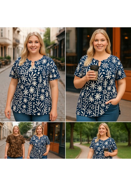 Kadın Büyük Beden Bebe Yaka Bağcık Detaylı Batik Desen Bluz fiyatları