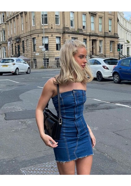 Straplez Düğme Detay Denim Mini Elbise Mavi