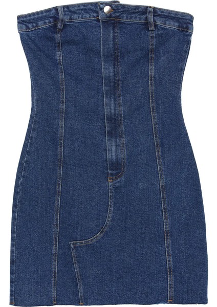 Straplez Düğme Detay Denim Mini Elbise Mavi fiyatları