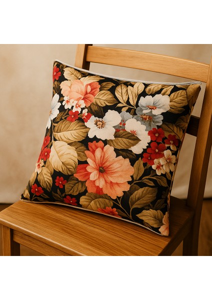 Tropikal Çiçek Desenli Kırlent Kılıfı - Siyah Zemin Turuncu Beyaz Kırmızı Çiçekli, Tela Destekli Overlok Dikişli, Gizli Fermuarlı, , Dekoratif Kılıf