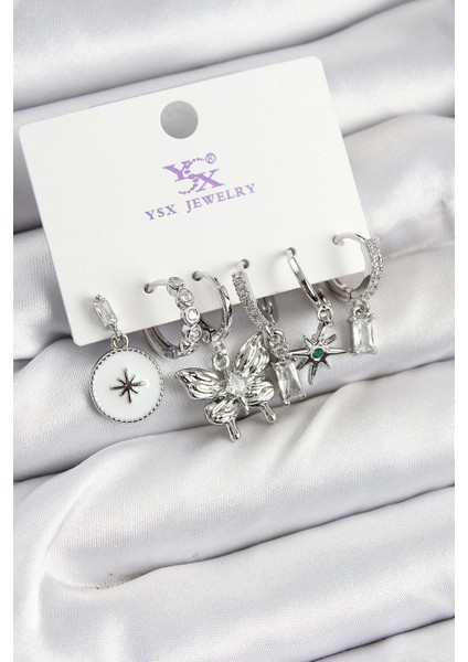 Pirinç Zirkon Taşlı Kelebek ve Yıldız Model Gümüş Renk 3'lü Çift Kadın Küpe