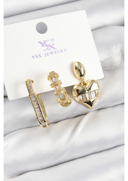 Pirinç Zirkon Taşlı Kalp Model Gold Renk 3'lü Kadın Küpe