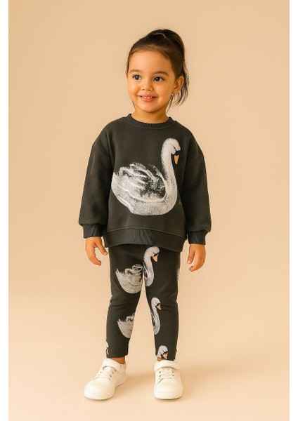 Kuğu Desenli 2'li Kız Tayt Takımı Pamuklu