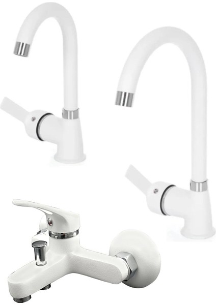 Beyaz Delta Banyo Lavabo Mutfak Batarya Musluk Seti Ara Musluk Pirinç Set