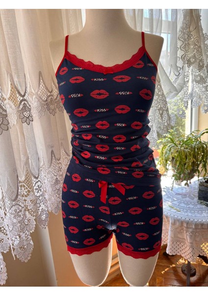 Ince Askılı Şortlu Pamuklu Pijama Takımı Dantel Detaylı modelleri