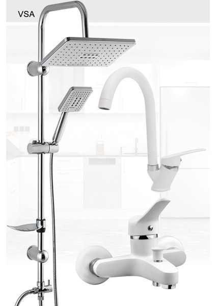 Beyaz Yağmurlama Tepe Duş Seti Banyo Lavabo Batarya Set Yeni Nesil Sürgülü Duş Seti