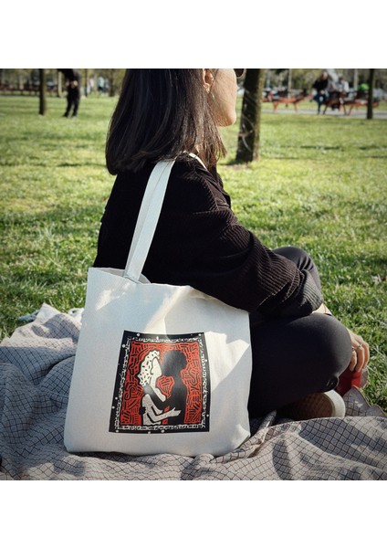 Yatay I %100 Ham Gabardin Kumaş Çanta I Kiss Of Life I 45X35CM Cüzdanlı Bez Çanta