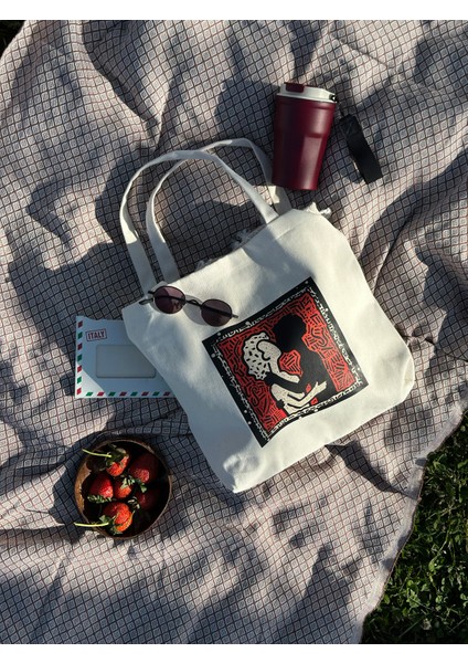 Yatay I %100 Ham Gabardin Kumaş Çanta I Kiss Of Life I 45X35CM Cüzdanlı Bez Çanta modelleri