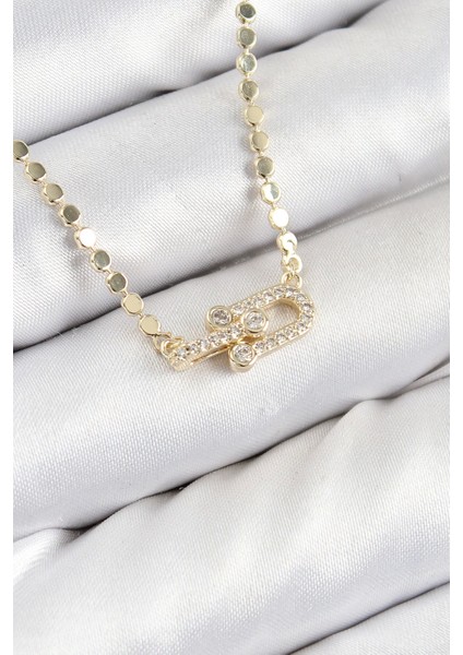 Pirinç Zirkon Taşlı Tifany Model Ezme Zincir Gold Renk Kadın Kolye