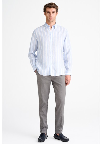 Erkek Mavi Cooper Fit Düğmeli Yaka İrlanda Keten Spor Gömlek fiyatları