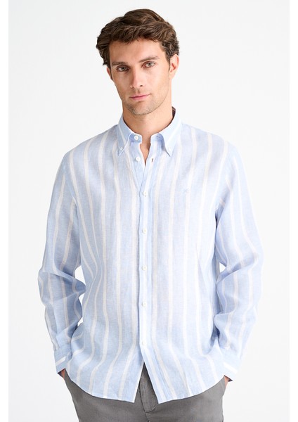 Erkek Mavi Cooper Fit Düğmeli Yaka İrlanda Keten Spor Gömlek modelleri