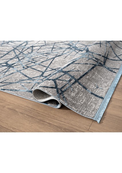 Step SE001M Gri Halı Modern Dekoratif Mavı Çizgili Pamuk Taban Triko Akrilik Salon Mutfak Halısı fırsatları