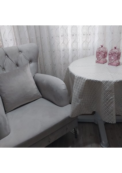 Dantel Çapraz Desen Krem Renk Yuvarlak Masa Örtüsü 135CM Çap