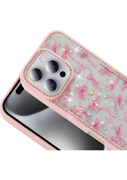 iPhone 16 Pro Kılıf Taşlı ve Simli Tasarım Nua Azra Kapak - Pembe