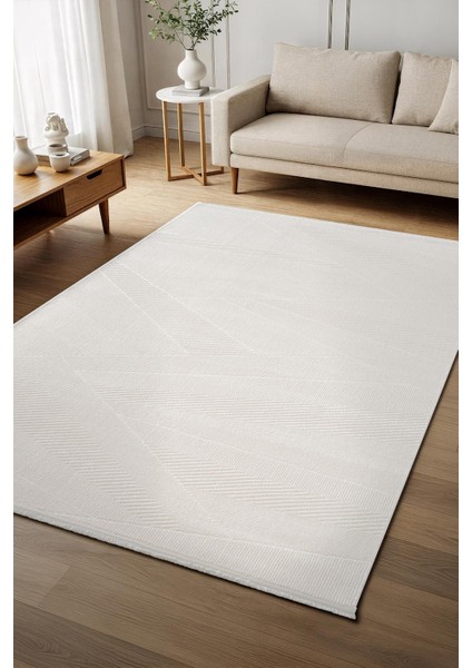 Cotto Cool CL001W Modern Desen Akrilik Beyaz Halı Pamuk Tabanlı Salon Koridor Oturma Odası Halısı