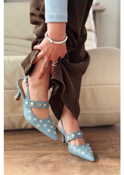Selorin Mat Deri Zımba Detaylı Stiletto Bebek Mavi fiyatları
