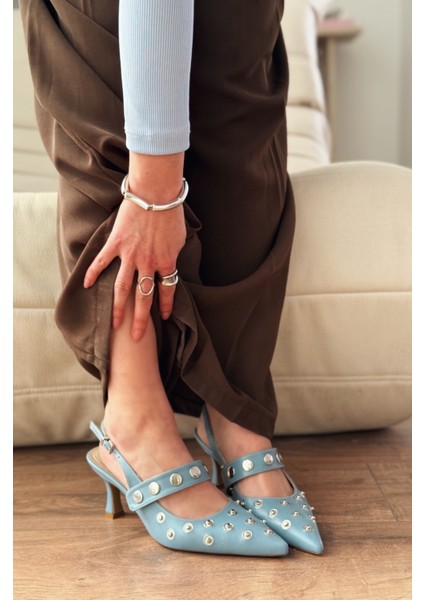 Selorin Mat Deri Zımba Detaylı Stiletto Bebek Mavi fırsatları