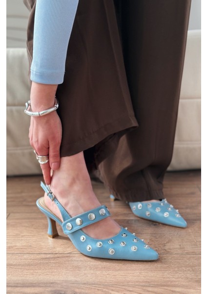 Selorin Mat Deri Zımba Detaylı Stiletto Bebek Mavi indirimleri