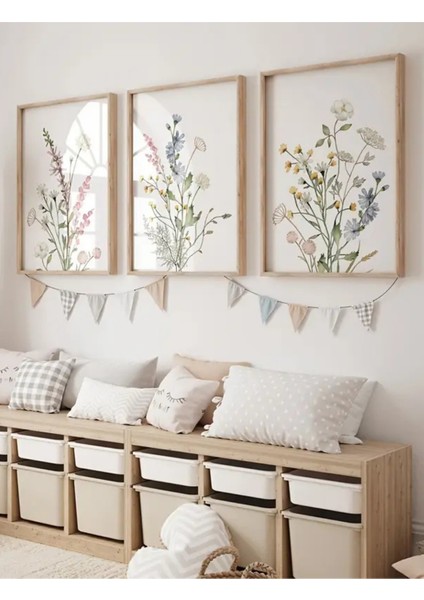 Mc Home Art Doğal Ahşap Çerçeveli Uv Baskı 3'lü Çiçek Desenli Tablo Seti – Modern & Şık Duvar Dekoru
