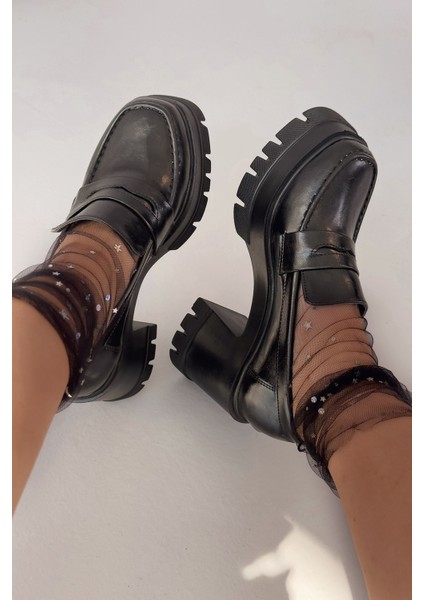 Passeta Kalın Taban Topuklu Kadın Loafer Siyah Mat Rugan modelleri